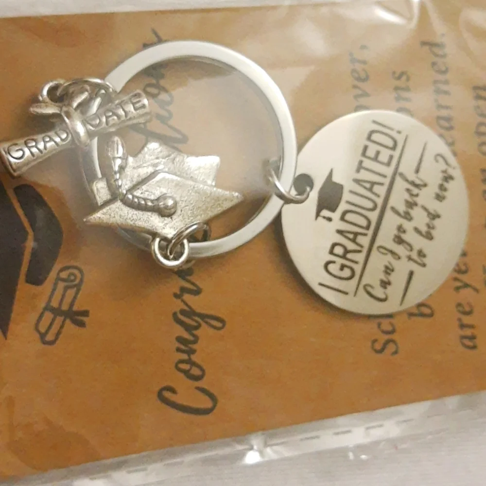 Graduation Gift CAN I GO BACK TO BED NOW Funny Grad Keychain Jewelry NEW SEALED
